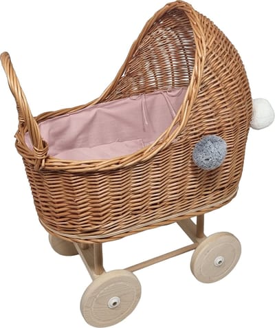 Playwood - Rieten Poppenwagen - kinderwagen- met pompons -roze bekleding - 2 kussentjes