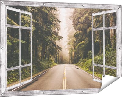 Gards Tuinposter Doorkijk Highway in Californië Omring met Bos - 120x80 cm - Tuindoek - Tuindecoratie - Wanddecoratie buiten - Tuinschilderij