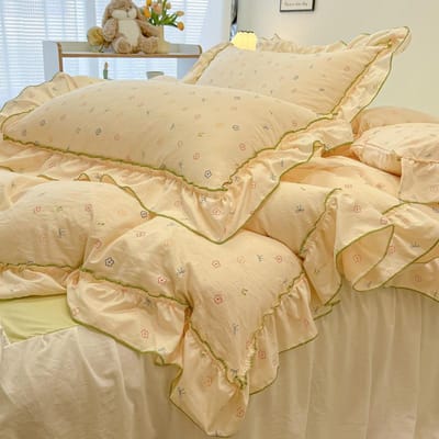 2/3-delige Koreaanse Prinsessenstijl Bloemen Ruches Beddengoed Set Eenpersoons Queen Size Zacht Huidvriendelijk Gewassen Katoen Dekbedovertrek Kussensloop 150x200cm 3pcs