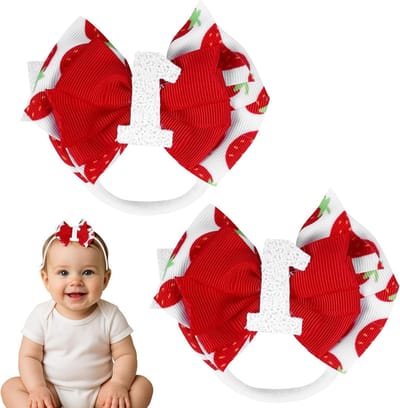 Set van 2 Verjaardags Haarstrikken voor Meisjes, Aardbeiroze en Blauwe Haarbanden met Sprankelende Cijfers, Ideaal voor Kinderen van 1-6 Jaar, Fotoprops en Taartdecoratie