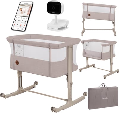 Lionelo Aurora Set 3in1 Co-sleeper & Draadloze elektronische babyfoon - Babybedje tot 9 kg - Meegroeibed - 4 wielen met rem - Campingbedje – Verstelbare Hoogte – Ademend Gaas – Inclusief Matras & Transporttas – Afneembare Bekleding