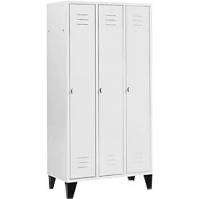 Kledinglocker met 3 compartimenten, 300 mm, draaigrendelslot, met poten, deur lichtgrijs