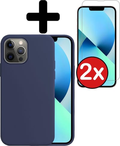 Hoesje - Met 2x Screenprotector - Geschikt voor Apple iPhone 13 Pro - Sterk & Shockproof - Telefoon Hoes - Back Cover - Siliconen Case - Telefoonhoes - Donkerblauw