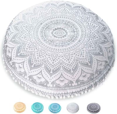 Ronde kussensloop voor vloerkussen, bohemian stijl, voor yoga kussen, meditatiekussen in mandala design, diameter 75 cm, van handbedrukt, natuurlijk katoen, patroon: blauwe lotus