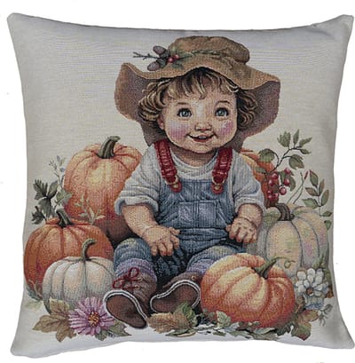 Kussenhoes - Gobelinstof - Jongen met pompoenen en bloemen - 45 x 45 cm