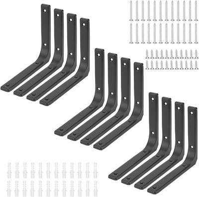 Set van 12 Zwarte Wandplanken Steunbeugels van Staal, 150 x 22 x 125mm, Inclusief 48 Schroeven voor Muurmontage en Drijvende Planken