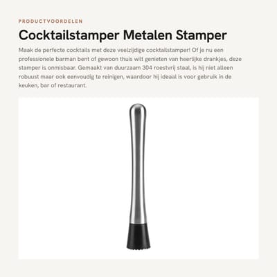 Dailygoods- Cocktailstamper 20 cm - Metalen Stamper - Roestvrij Staal 304 - Ergonomische Handgreep - Duurzaam - Geschikt voor Bar/Keuken