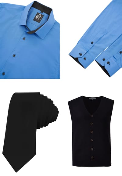 Driedelig pak met overhemd, vest en stropdas