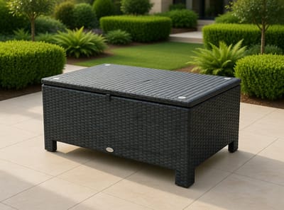 Luxe Rotan Tuin Salontafel met Gehard Glas – Weerbestendige Balkon & Lounge Tafel – Stalen Frame – Zwart – 85x50x39 cm MedaHomeStore
