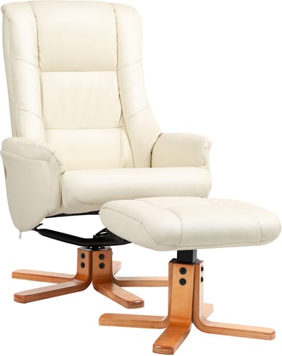 HOMCOM Relaxfauteuil met voetenbank Kunstleer, hout 71L x 84B x 102H cm Roomwit