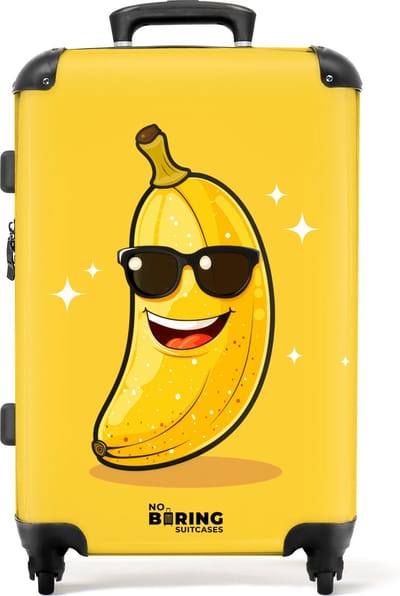 NoBoringSuitcases.com® - Kinderkoffer groot - Kindertrolley koffer - Lachende banaan met zwarte zonnebril - Rolkoffer lichtgewicht - Reiskoffer met 4 wielen - Grote trolley XL - 20 kg bagage