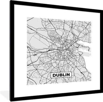 Fotolijst incl. Poster Zwart Wit- Dublin - Stadskaart - Zwart Wit - Plattegrond - Kaart - 40x40 cm - Posterlijst