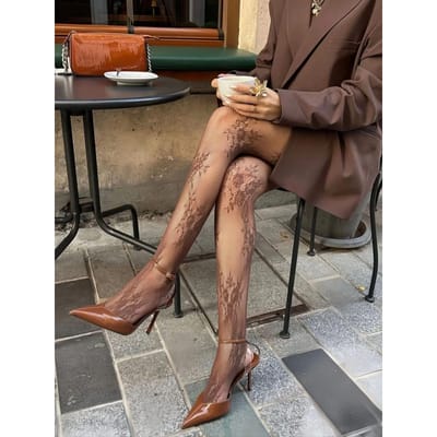 Dames Visnet Kousen in Koffiebruin Met Jacquard Kant Cut-Out Patronen Hoge Stretch Krasbestendig Edgy Voor Date L gray