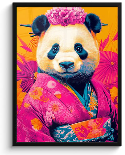 Poster in lijst - Fotolijst 50x70 cm - Posters - Kimono - Roze - Panda - Bloemenkroon - Posterlijst zwart - Decoratie - Wanddecoratie woonkamer - Muurdecoratie slaapkamer