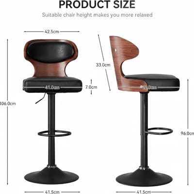 Barkruk 1-delige set House&Garden – Luxe 360° Draaibare Barstoel met Rugleuning, Voetensteun en Armleuningen – PU-Leren Zitting & Zwart Notenhout – Bistrokruk voor Keuken, Bar en Eetkamer FU01024BL