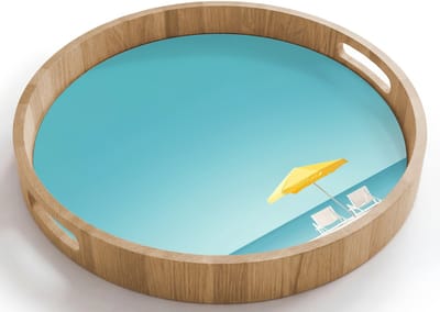 Dienblad rond 40x40 cm - Schootdienblad hout - Strand - Blauwe lucht - Geel - Parasol - Borrelplank rechthoek - Plateau houten dienbladen