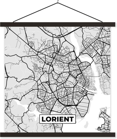 Posterhanger incl. Poster 60x60 cm - Schoolplaat - Frankrijk - Plattegrond - Kaart - Lorient - Stadskaart - Textielposter - Zwarte latten - Stadskaart