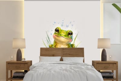 Behang - Fotobehang Kikker - Groen - Waterverf - Dieren - Jongen - Meisje - Breedte 240 cm x hoogte 240 cm