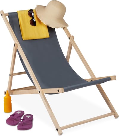 strandstoel - hout - 3 standen - ligstoel met stof - inklapbaar & verstelbaar - tuin - strand & balkon - donkergrijs