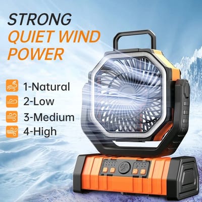 Draagbare Campingventilator 20000 mAh / 10000 mAh – USB Oplaadbare Tentventilator met 270° Hoofdrotatie – Draadloze Luchtcirculator voor Buiten, Kamperen, en Wandelen met Haak