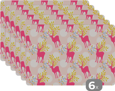 Placemat - Placemats kunststof - Hert - Roze - Patronen - 45x30 cm - 6 stuks - Hittebestendig - Anti-Slip - Onderlegger - Afneembaar