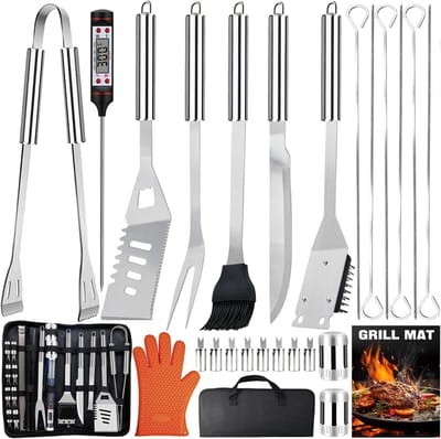 BBQ Accessoires Set - Roestvrij - Grillmat - 28-delig - Barbecue Tang, Vlees Thermometer, Spatel & Borstel - Cadeau- Vaderdag Cadeautje