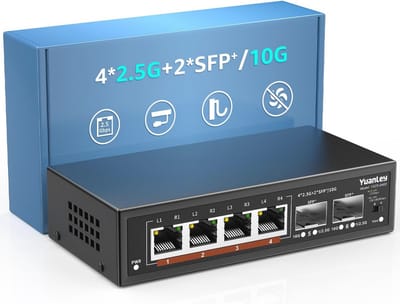 6-poorts 2.5G Umanaged Ethernet-switch met 4 x 2.5G Base-T en 2 x 10G SFP, ventilatorloos, desktop en wandmontage