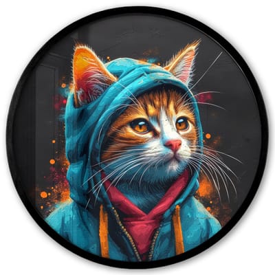 Poster in lijst Rond - Fotolijst 40x40 cm - Posters - Graffiti - Kat - Zwart - Jas - Street art - Ronde posterlijst zwart - Decoratie - Wanddecoratie woonkamer - Muurdecoratie slaapkamer