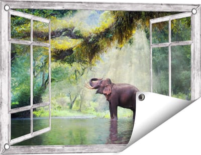 Gards Tuinposter Doorkijk Vrolijke Olifant in het Water - 60x40 cm - Tuindoek - Tuindecoratie - Wanddecoratie buiten - Tuinschilderij