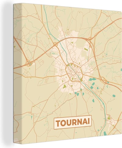 Canvas Schilderij Retro - Tournai - Plattegrond - Stadskaart - Kaart - 20x20 cm - Wanddecoratie