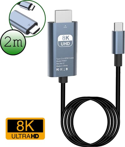 USB C naar HDMI Kabel 8K HD 60Hz Kwaliteit - USB C naar HDMI Adapter Converter - 2 meter - Zwart