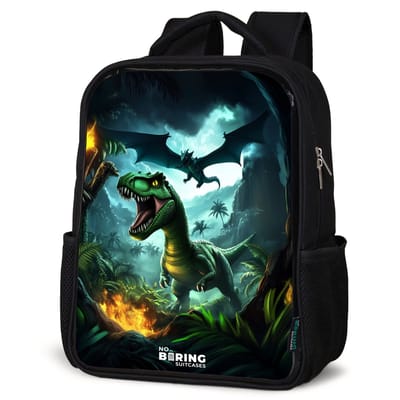 NoBoringSuitcases.com® - Rugzak zwart - Schooltas jongen & meisje - Dinosaurus en draak in vurige junglevallei - Rugtas voor school - Boekentas kind - Schoolrugzak - Kinderrugzak