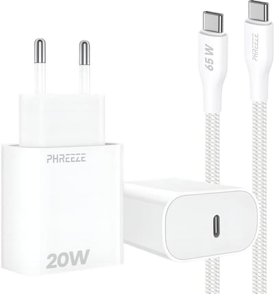 Phreeze usb C snellader 20w met usb C naar usb C kabel 1 meter - Gevlochten Wit