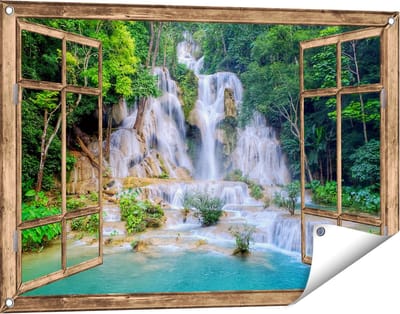 Gards Tuinposter Doorkijk Waterval in het Tropische Natuur - 90x60 cm - Tuindoek - Tuindecoratie - Wanddecoratie buiten - Tuinschilderij