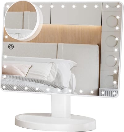 Groot Verlicht Make-up Spiegels met 35 LED Lichten, Dimbare Touchscreen en 10x Vergroting, 360° Rotatie en Dubbele Voeding