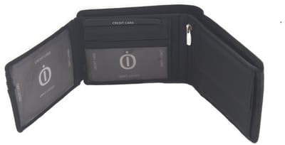 Oi zwarte leren heren portemonnee met uitklap naar links / platte billfold laag model met 3 zichtvakken / dunne herenbeurs zonder lipje / Anti skim / zwart leer / 436