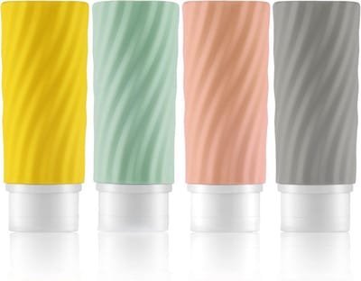 Famanu – Siliconen reisflessen - 89 ml - lekvrije reiscontainer en reis-toiletartikelset - navulbare vloeistofcontainer voor shampoo - 4 stuks - 4 kleuren