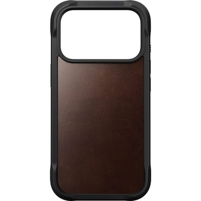 Nomad Horween Rugged lederen hoesje iPhone 17 Pro – Verhoogde hoekbumpers voor bescherming – Saffierkristal knop voor nauwkeurige controle – Gemaakt van 50% gerecycled polycarbonaat - Bruin