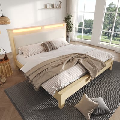 Sweiko Tweepersoonsbed - 160×200 cm - Houten bedframe - LED-verlichting - Corduroy hoofdeinde - Natuurlijke