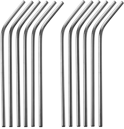Rietjes, gebogen, set van 12, zilveren rietjes van roestvrij staal, vaatwasmachinebestendig, herbruikbaar metalen rietje