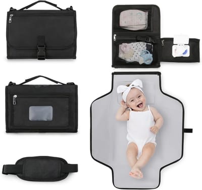 Luxe Baby Verschoonmatje - Draagbaar Verschoningsmatje voor onderweg - Opvouwbaar Verschoonkussen met Kussen - Waterdicht & Wasbaar - Meerdere Vakken voor Luiers - Baby Cadeau - Zwart
