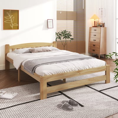 MEUNIQ Houten tweepersoonsbed 140 x 200 cm met hoofdbord, 15 latten en middenpoot voor slaapkamer in naturel