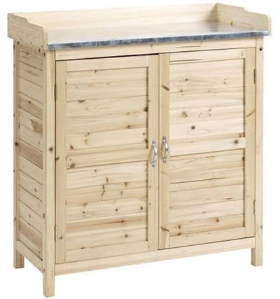 Tuinopbergkast, tuin gereedschapskast, tuinwerkplaats, met 2 planken, met werkblad, voor tuinieren gereedschapsopslag, geschikt voor tuin, patio, 83 x 40 x 92 cm, houtkleur, hout.