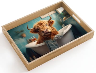 Dienblad hout 40x30 cm - Schootdienblad - Schotse hooglander - Badkamer - Blauw - Bad - Borrelplank rechthoek - Plateau dienbladen