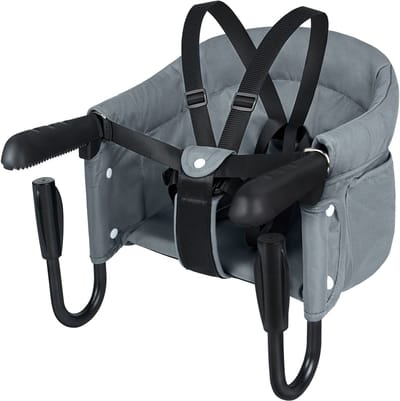 Opvouwbare kinderstoel met draagtas, antislipklemmen en opbergvakje, draagbare kinderstoel voor tafels van 2-8 cm dik, zitverhoger, kinderstoel, draagvermogen 15 kg, grijs NAIZY
