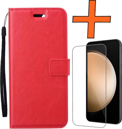 Hoes - Met Screenprotector - Geschikt voor Samsung Galaxy S23 FE - Luxe Pasjeshouder - Bookcase Portemonee - Flip Case - Kunstleer Book Case - Flipcase - Book Cover - Walletcase - PortemonneeHoes - Rood