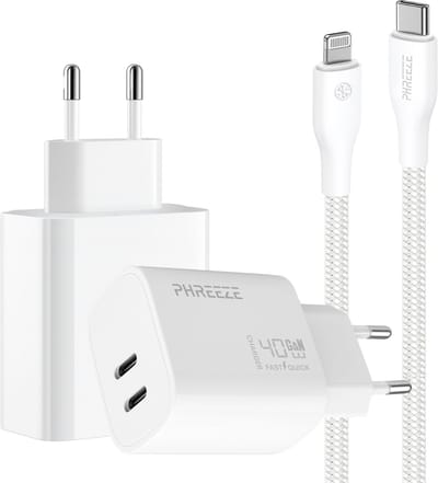 Phreeze usb C oplader met kabel geschikt voor iPhone en iPad met Lightning kabel - Power Delivery snellader met 2 usb C poorten