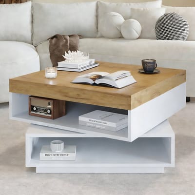 Lemlit Salontafel - 65x65x40 cm - vierkant - 360° draaibaar - led verlichting - woonkamer tafel - bijzettafel - geschikt voor kleine ruimtes - wit + houttint