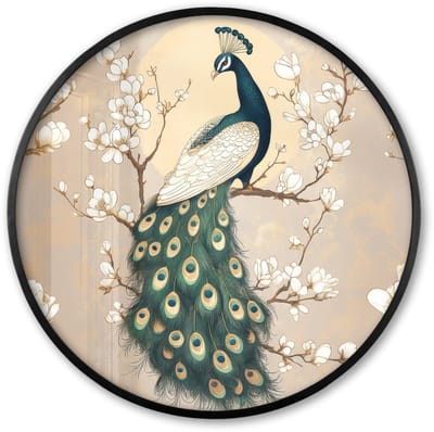 Poster in lijst Rond - Fotolijst 60x60 cm - Posters - Pauw - Tak - Bloemen - Ronde posterlijst zwart - Decoratie - Wanddecoratie woonkamer - Muurdecoratie slaapkamer