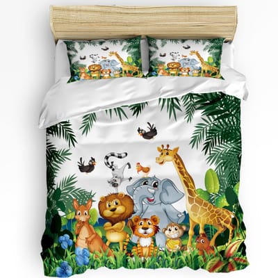 Tropische Jungle Cartoon Dier Giraf Leeuw Olifant Dekbedovertrek Kussensloop Beddengoed Set Dekbedhoes Tweepersoonsbed Huistextiel EU Double(200x200cm)